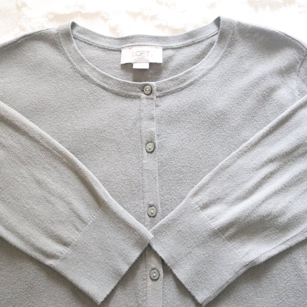 Loft | Soft Sage Green Grey Lightweight Button Front Crewneck Cardigan Sweater